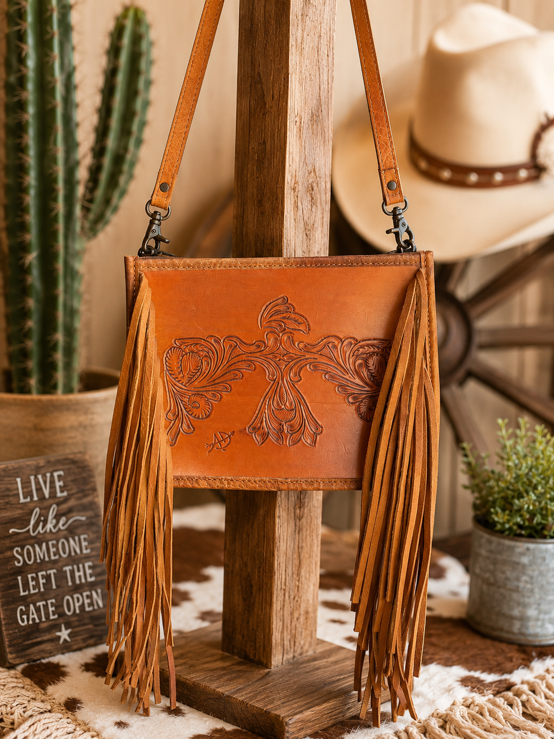 🤎 Tooled Leather Thunder Bird Fringe Crossbody 🤎