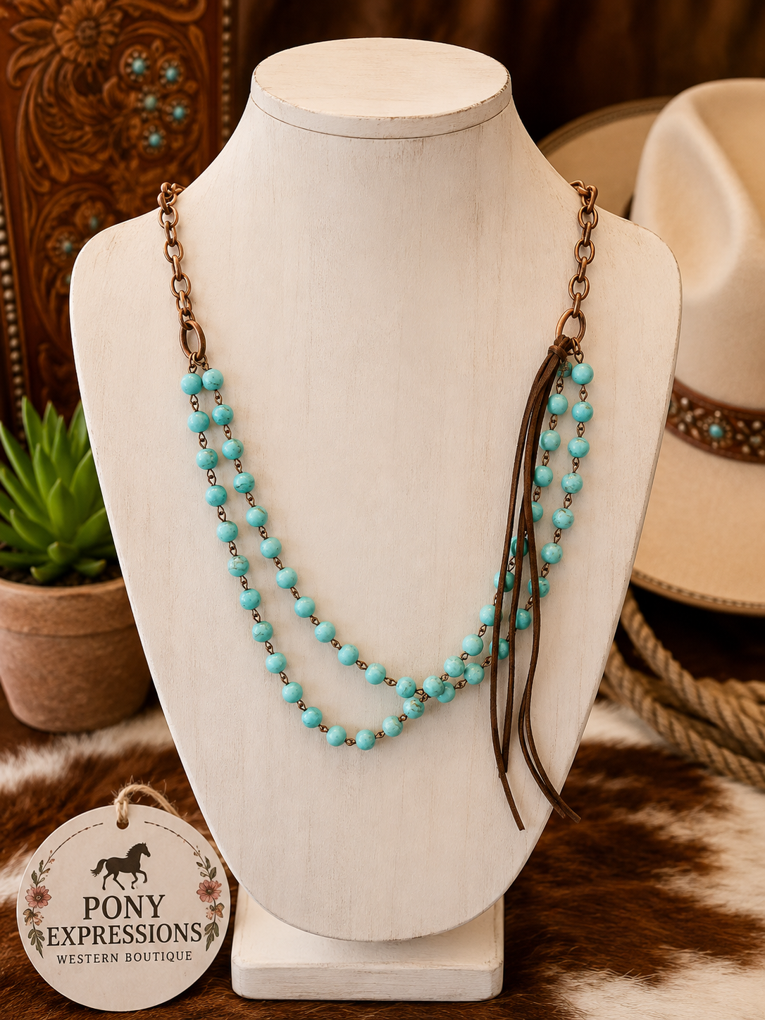 🩵 Double standard turquoise with leather tassel 🤎